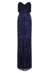 Runway Navy Luxe Sweetheart Tassel Fringe Sequin Fishtail Dress