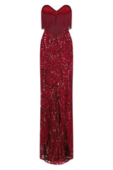Runway Berry Luxe Sweetheart Tassel Fringe Sequin Fishtail Dress