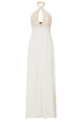 Jadore Couture White Keyhole Bust Floral Sequin Double Slit Dress