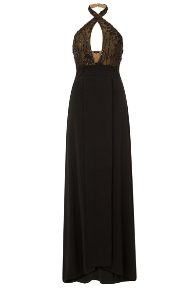 Jadore Couture Black Keyhole Bust Floral Sequin Double Slit Dress