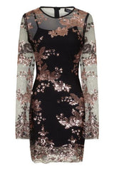 Flirt Black & Rose Gold Batwing Floral Sequin Scalloped Kaftan Dress