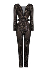 toxic nazz collection black sequin embellished cut out long sleeve jumpsuit romper