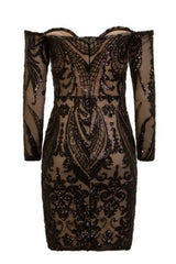 Paris Black Luxe Sequin Illusion Sweetheart Off Shoulder Dress