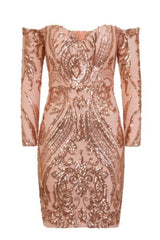 Paris Rose Gold Luxe Sequin Illusion Sweetheart Off Shoulder Dress