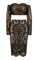 Lust Luxe Black Sequin Brocade Two Piece Skirt Top Co Ord Set