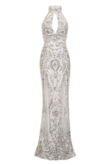 Mystery Silver Luxe Keyhole Bust Double Slit Sequin Illusion Maxi Dress