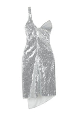 Rare Find Silver Sequin Mesh One Shoulder Slit Dress