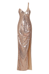 Shine On Me Rose Gold Sequin Mesh One Shoulder Slit Maxi Dress