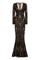 Arabella Black Luxe Tribal Vip Sequin Plunge Fishtail Dress