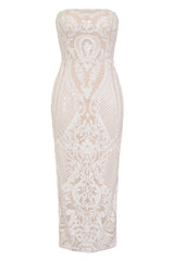 Vogue Luxe White Nude Strapless Sequin Illusion Midi Pencil Dress