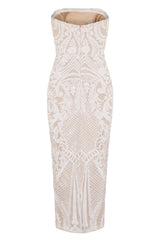 Vogue Luxe White Nude Strapless Sequin Illusion Midi Pencil Dress