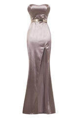 Versace Taupe Silver Belted Slinky Satin Thigh Slit Maxi Dress