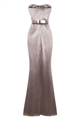 Versace Taupe Silver Belted Slinky Satin Thigh Slit Maxi Dress