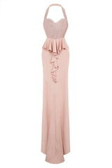 Dream Nude Sweetheart Backless Waterfall Frill Ruffle Fishtail Maxi Dress