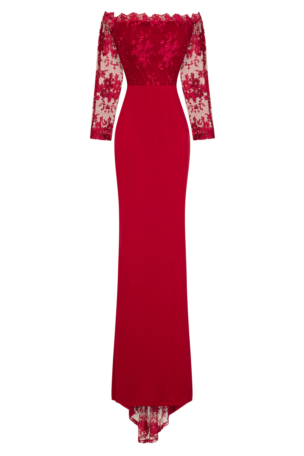 Meghan Berry Red Off The Shoulder Bardot Lace Fishtail Maxi Dress