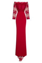 Meghan Berry Red Off The Shoulder Bardot Lace Fishtail Maxi Dress