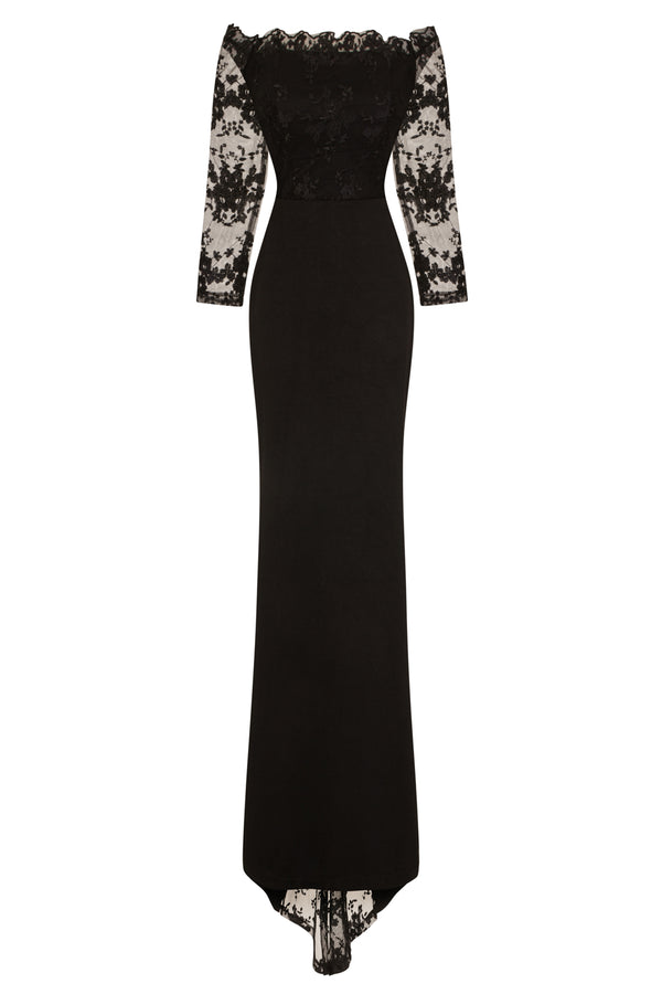Meghan Black Off The Shoulder Bardot Lace Fishtail Maxi Dress