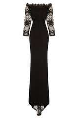 Meghan Black Off The Shoulder Bardot Lace Fishtail Maxi Dress