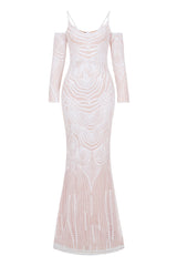 Vienna White Luxe Tribal Vip Illusion Sequin Mermaid Maxi Dress