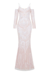 Vienna White Luxe Tribal Vip Illusion Sequin Mermaid Maxi Dress