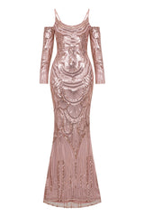 Vienna Rose Gold Luxe Tribal Vip Illusion Sequin Mermaid Maxi Dress