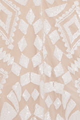 Chic Luxe White Nude Strapless Sequin Illusion Midi Pencil Dress