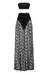Latina Black Sheer Sequin Tassel Double Slit Skirt Co Ord Set