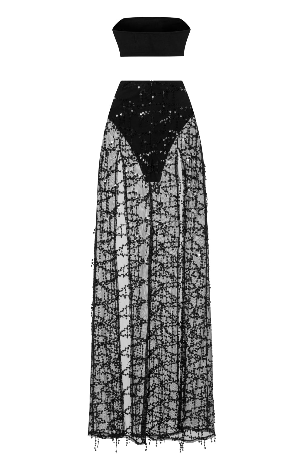 Latina Black Sheer Sequin Tassel Double Slit Skirt Co Ord Set