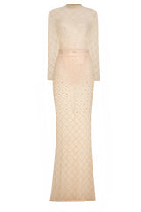 Sheer Dreams Nude Crystal Rhinestone Mesh Transparent Maxi Dress