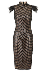 Destiny Vip Black Luxe Feather Sequin Illusion Midi Pencil Dress