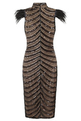 Destiny Vip Black Luxe Feather Sequin Illusion Midi Pencil Dress