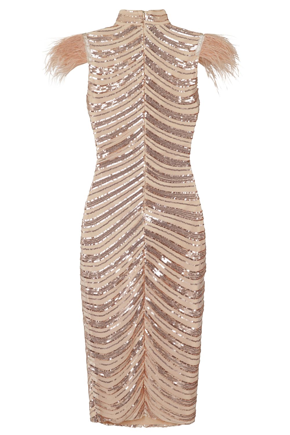 Destiny Vip Rose Gold Luxe Feather Sequin Illusion Midi Pencil Dress