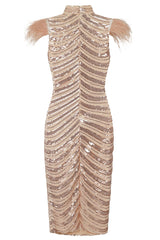 Destiny Vip Rose Gold Luxe Feather Sequin Illusion Midi Pencil Dress