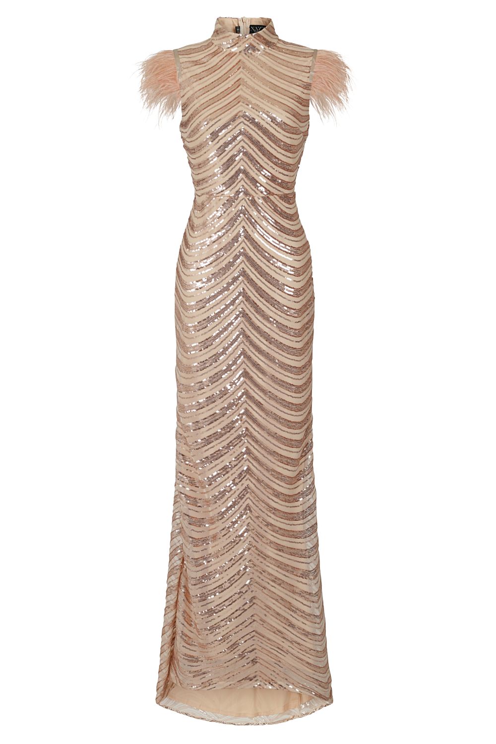 Power Vip Rose Gold Luxe Feather Shoulder Sequin Illusion Maxi Dress