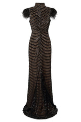 Power Vip Black Luxe Feather Shoulder Sequin Illusion Maxi Dress