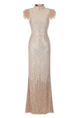 Bliss Vip Rose Gold Silver Ombre Sequin Feather Maxi Mermaid Dress