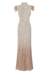 Bliss Vip Rose Gold Silver Ombre Sequin Feather Maxi Mermaid Dress