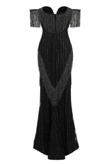 Amira Black Glitter Stripe Tassel Fringe Bardot Fishtail Dress