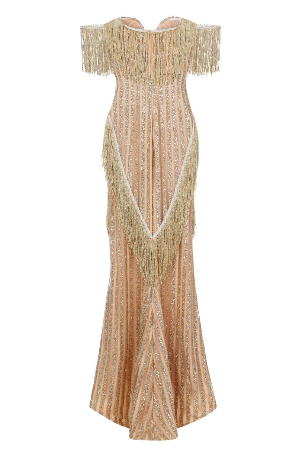 Amira Gold & Nude Glitter Stripe Tassel Fringe Bardot Fishtail Dress