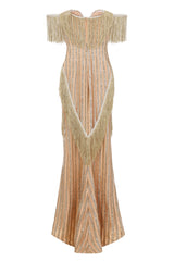 Amira Gold & Nude Glitter Stripe Tassel Fringe Bardot Fishtail Dress