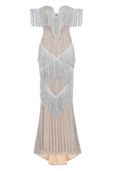 Amira Silver & Nude Glitter Stripe Tassel Fringe Bardot Fishtail Dress