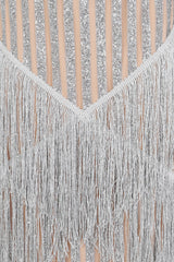 Amira Silver & Nude Glitter Stripe Tassel Fringe Bardot Fishtail Dress