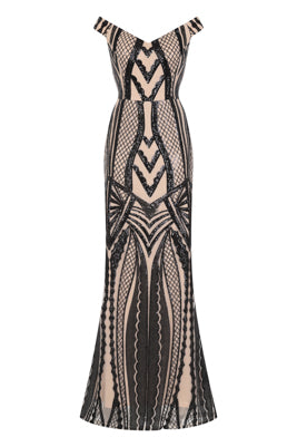 Love Affair Luxe Black Nude Illusion Sequin Bardot Mermaid Maxi Dress