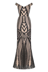 Love Affair Luxe Black Nude Illusion Sequin Bardot Mermaid Maxi Dress