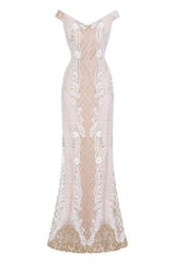 Enchanted Vip White Gold Sequin & Embroidery Bardot Fishtail Mermaid Dress