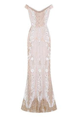 Enchanted Vip White Gold Sequin & Embroidery Bardot Fishtail Mermaid Dress