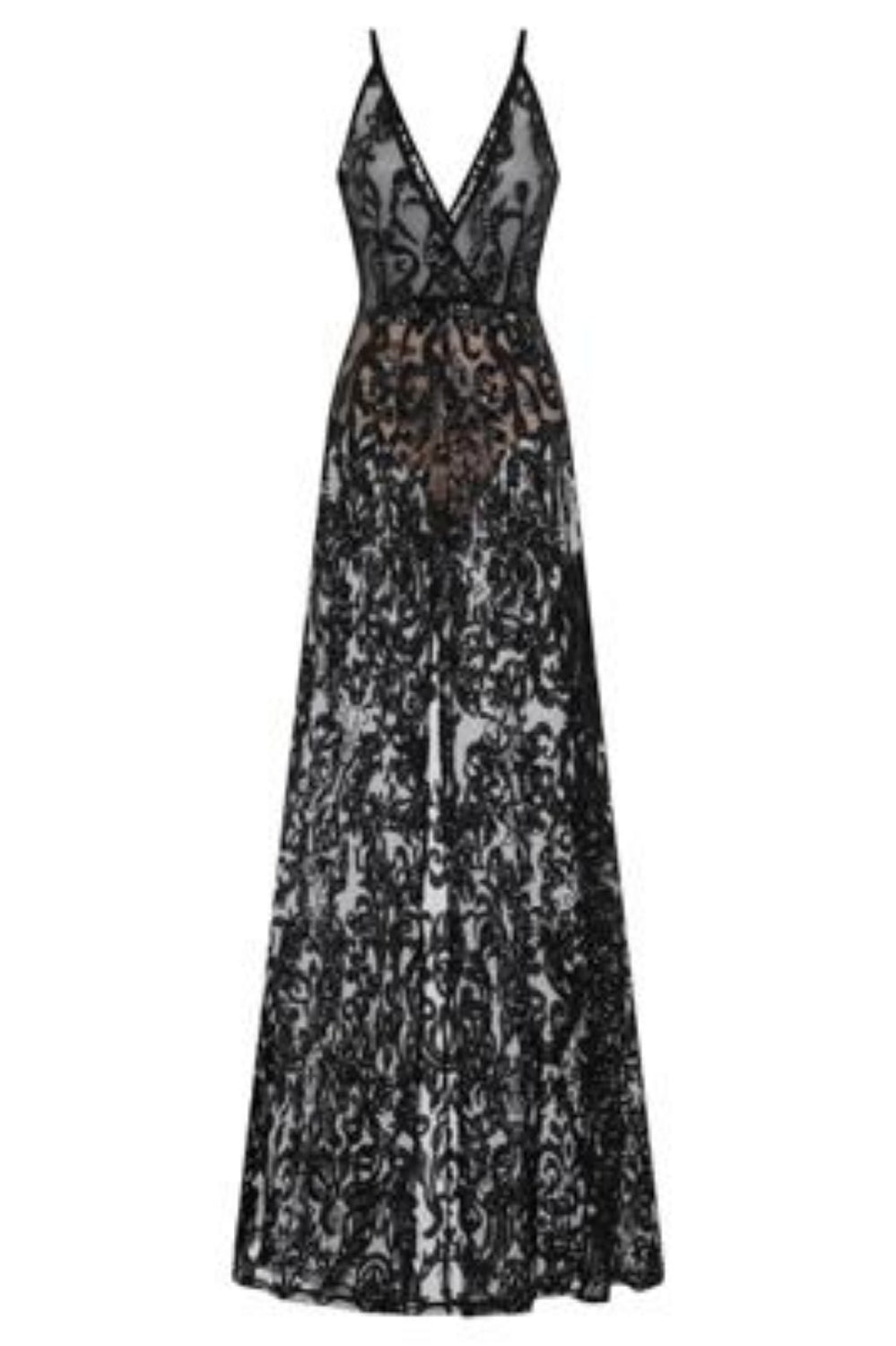 Unleashed Black Sheer Luxe Sequin Slit Maxi Gown Dress