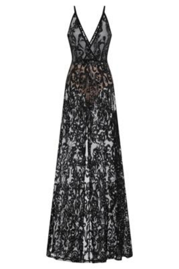 Unleashed Black Sheer Luxe Sequin Slit Maxi Gown Dress