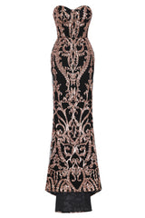 Love Spell Black Rose Gold Sweetheart Brocade Sequin Fishtail Dress