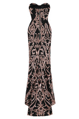 Love Spell Black Rose Gold Sweetheart Brocade Sequin Fishtail Dress